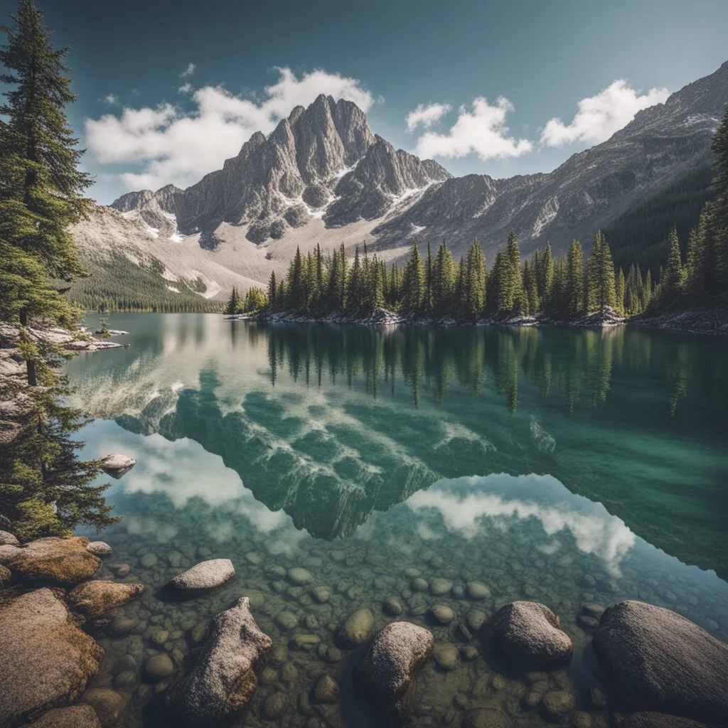 A serene mountain lake reflecting snow-capped peaks