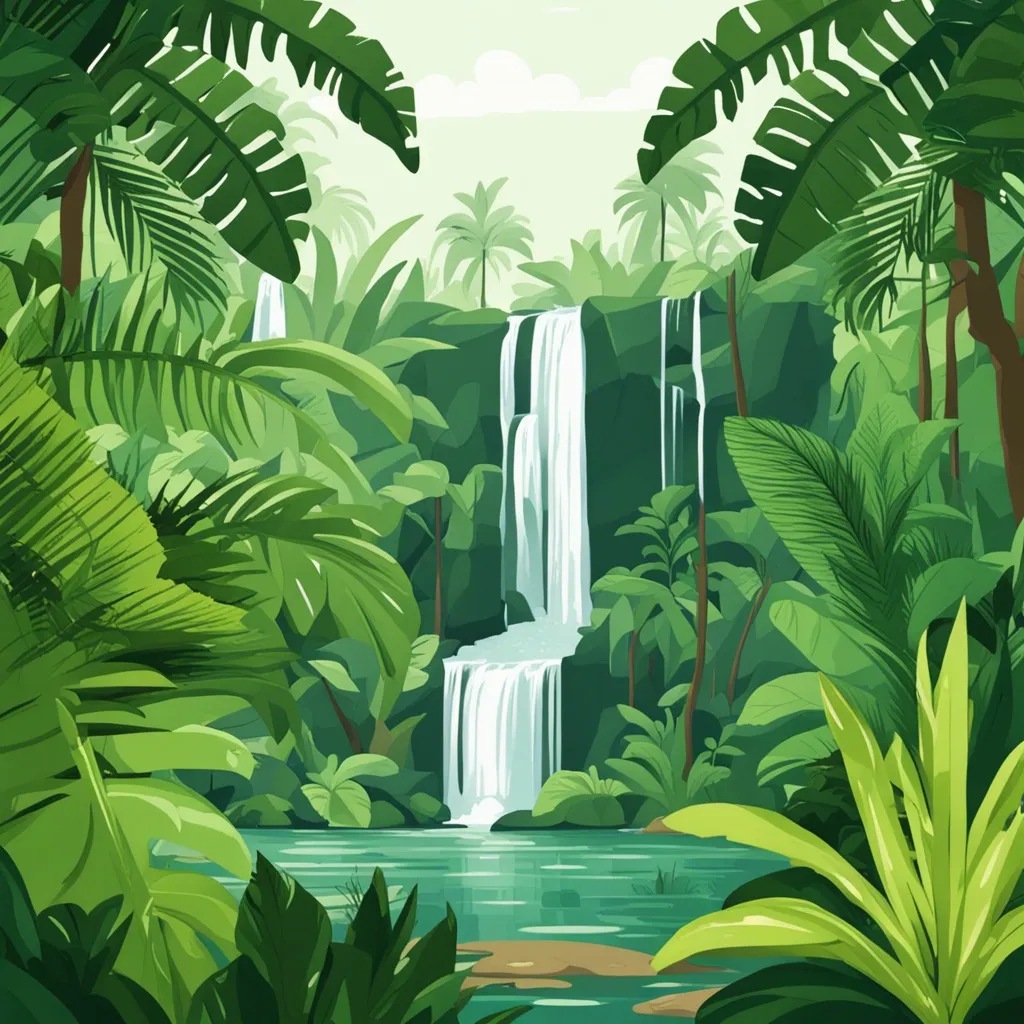 A lush rainforest with a cascading waterfall