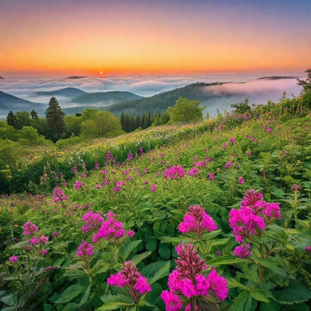 A beautiful sunrise over rolling hills with wildflowers