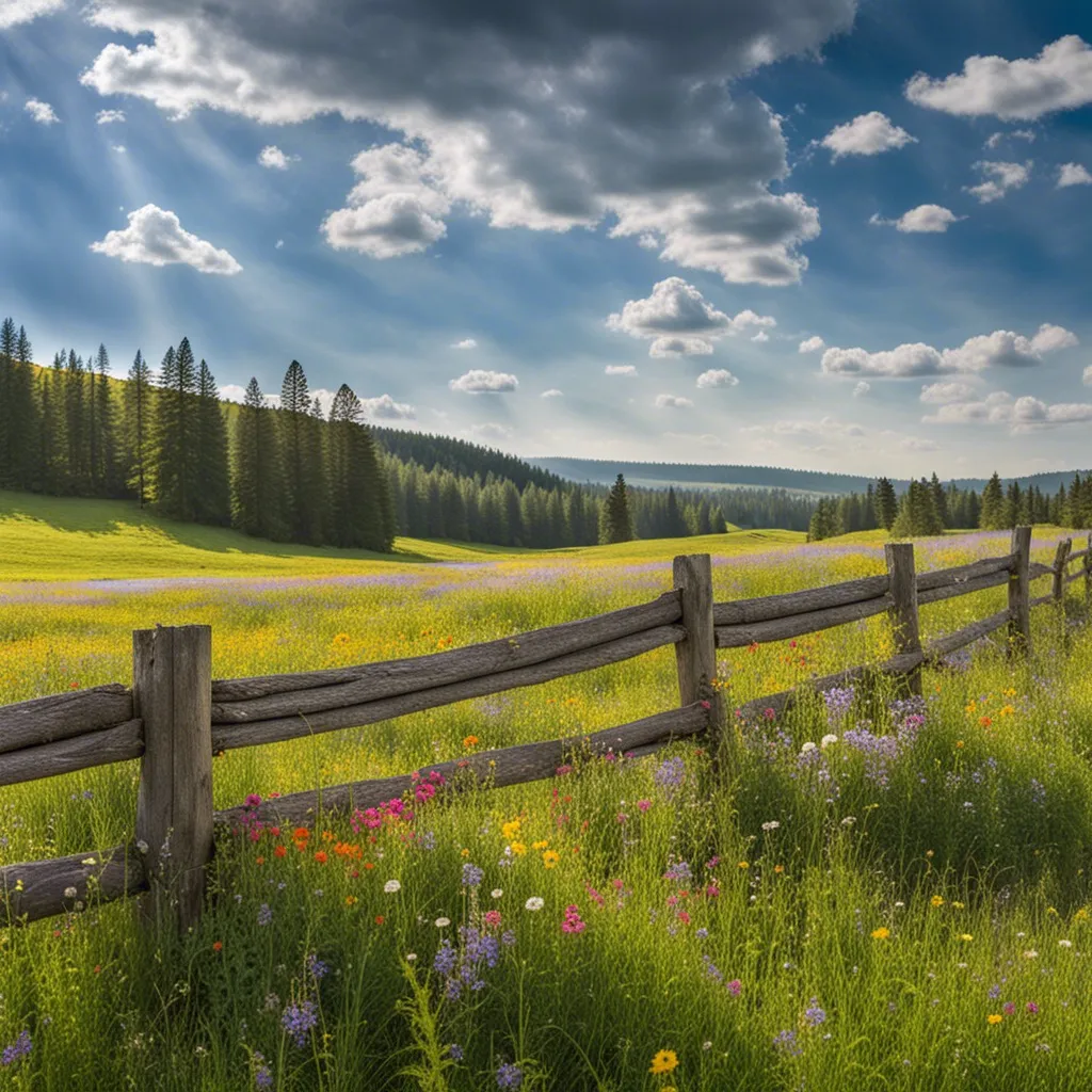 A scenic countryside landscape with a wooden fence and wildflowers