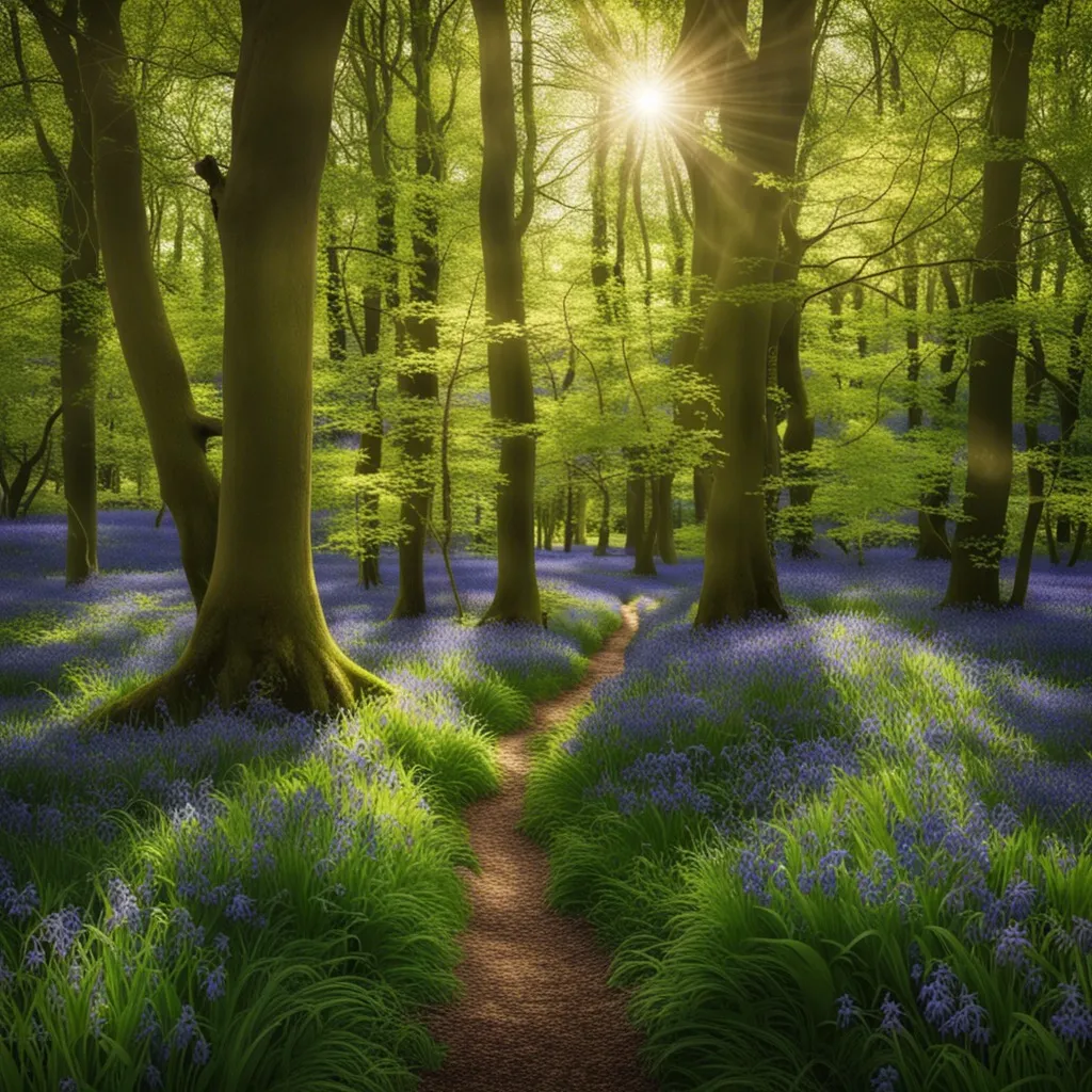 A sunlit path winding through a lush green forest