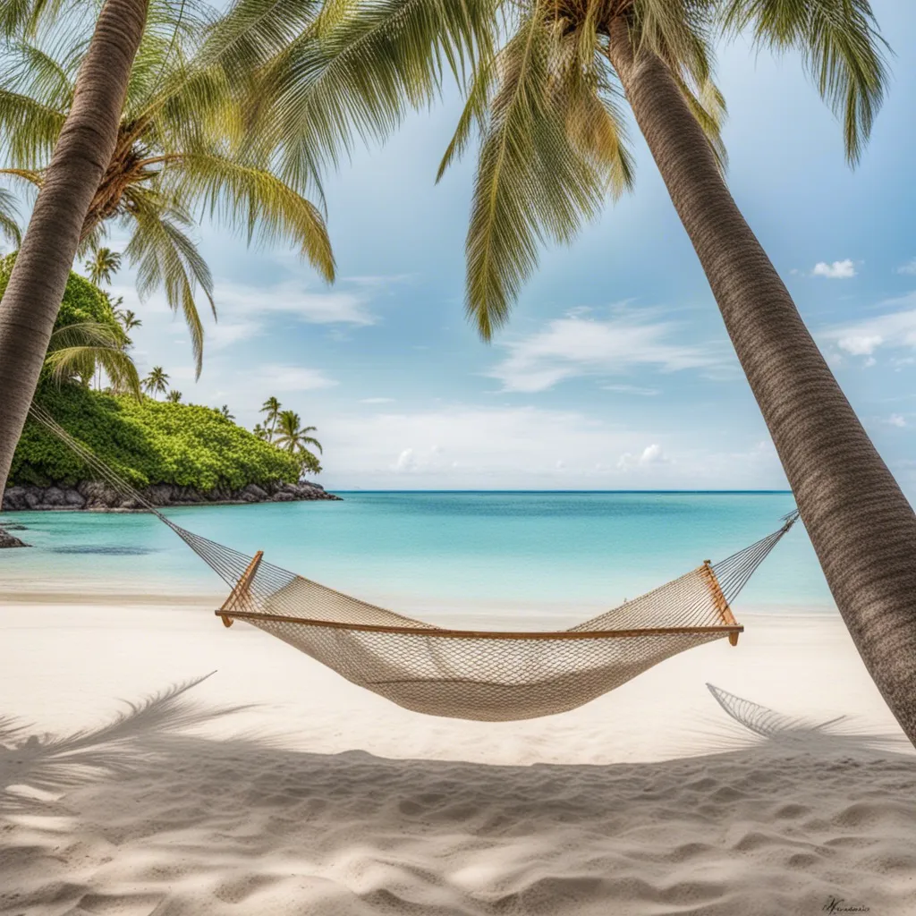 A hammock hanging between palm trees on a tropical beach