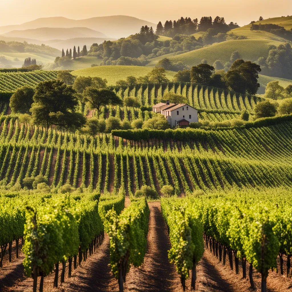 A picturesque vineyard with rolling hills and a distant farmhouse