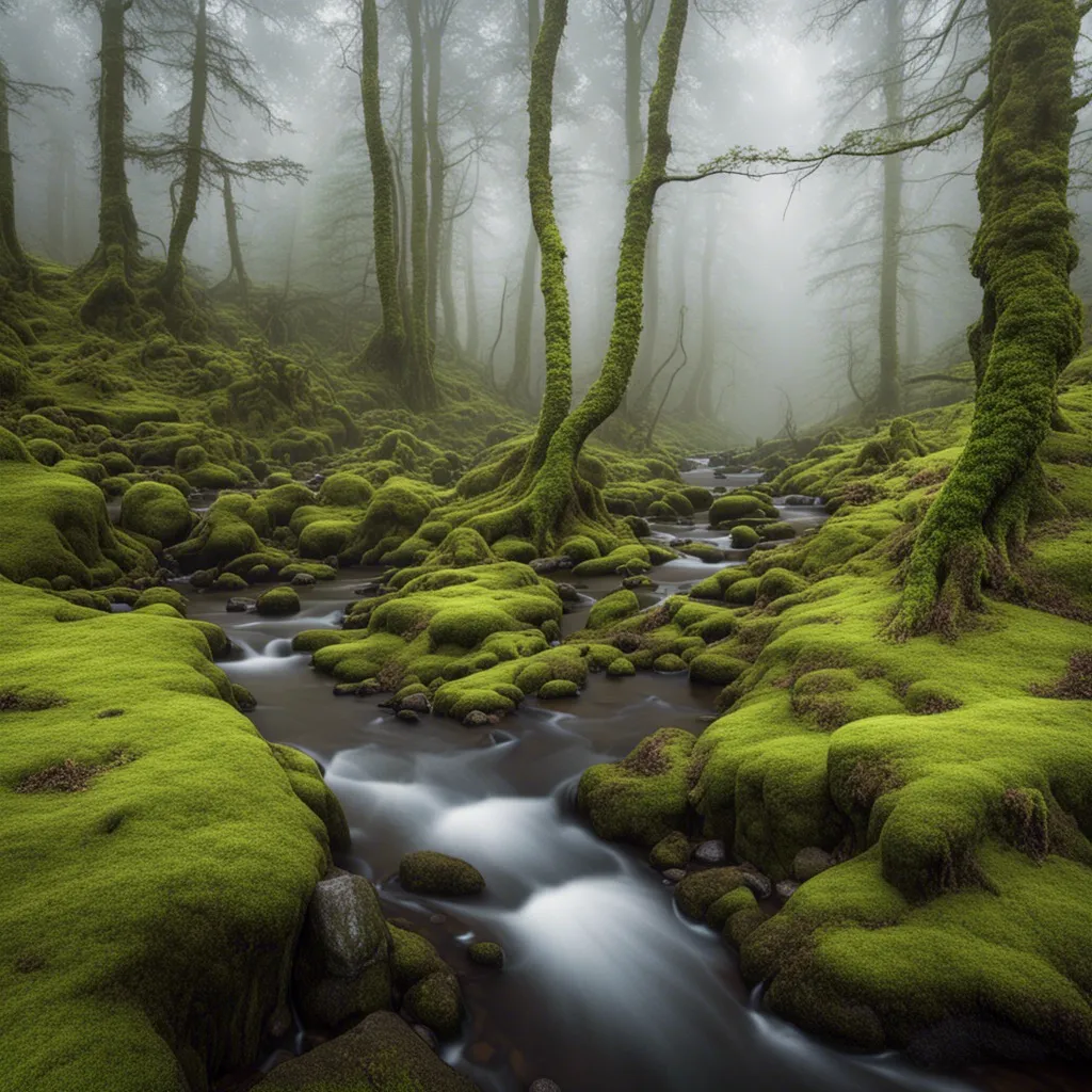 A misty forest with a flowing stream and moss-covered rocks