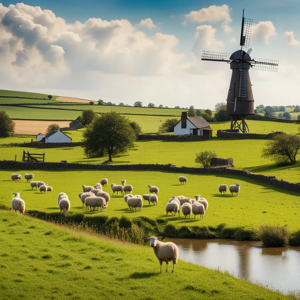 A picturesque rural landscape with a windmill, sheep, and a pond