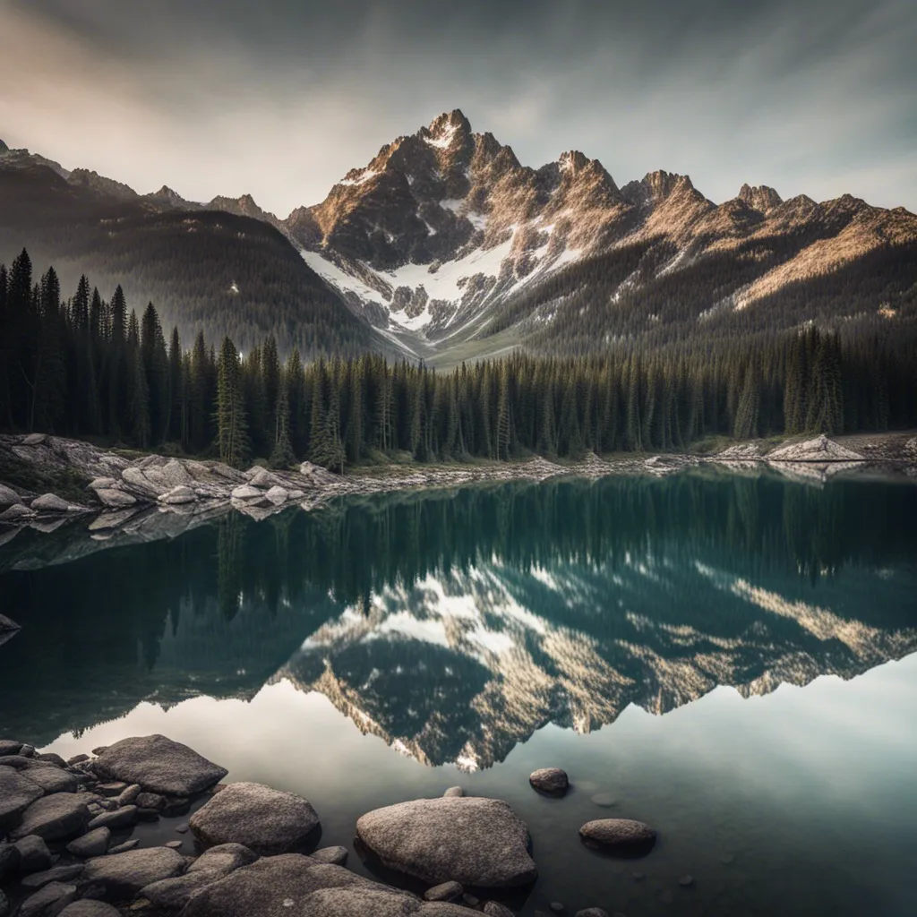 A mountain lake reflecting snow-capped peaks