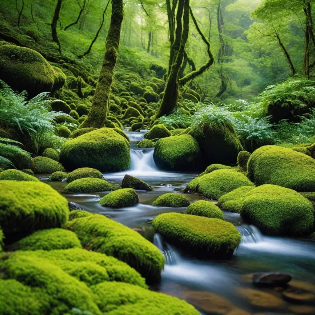 A serene forest stream flowing through a mossy forest