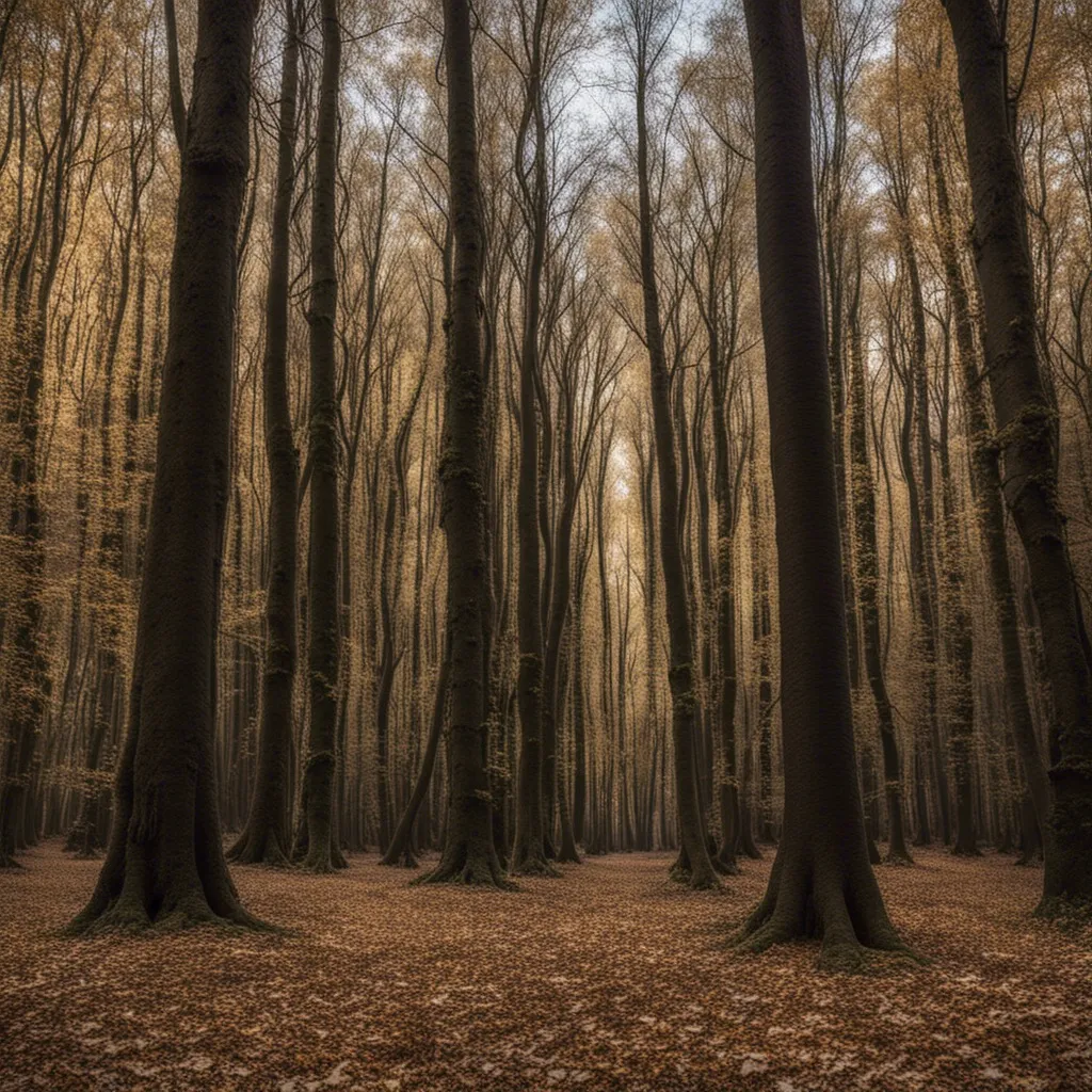 A dark forest path lined with tall trees