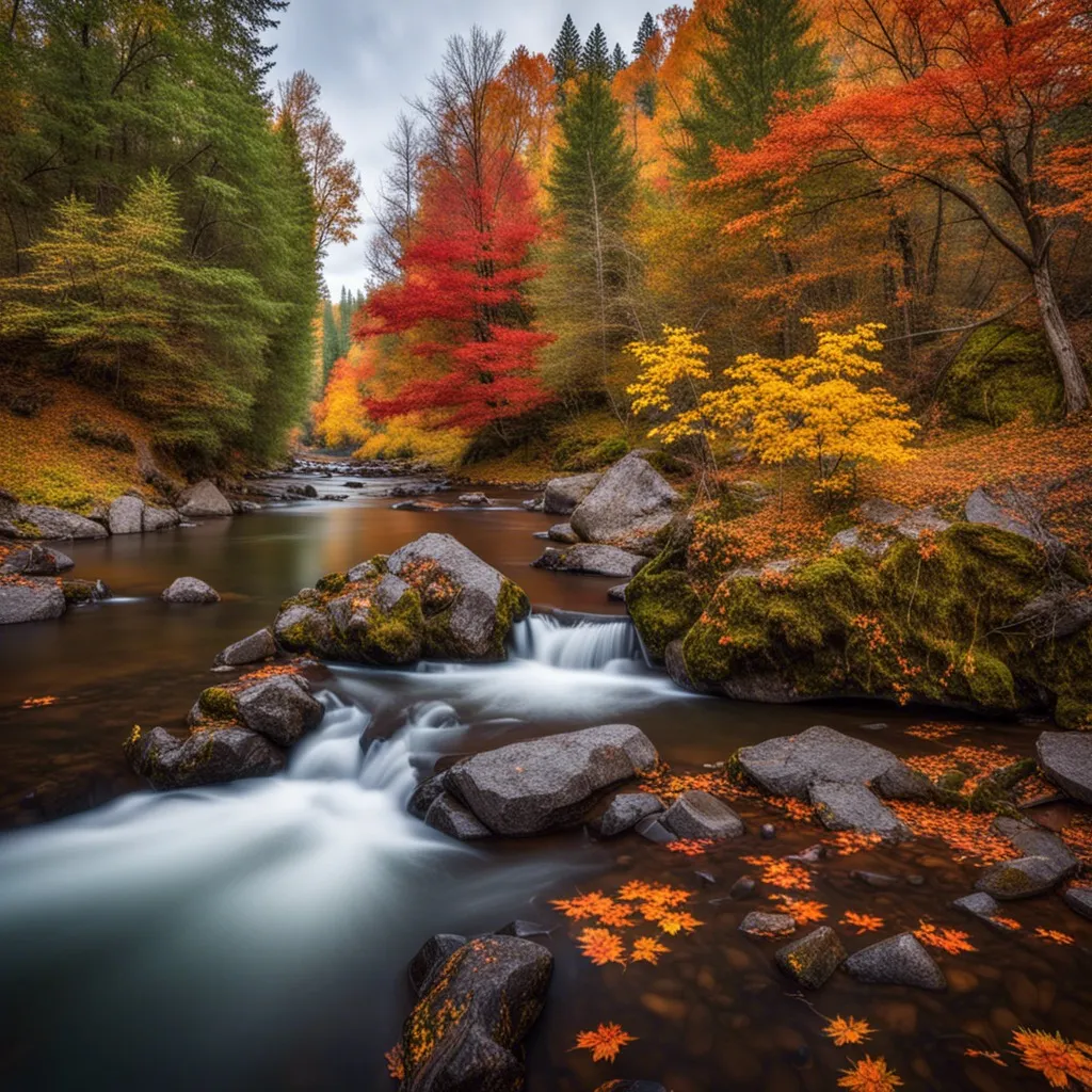 A colorful autumn forest with a flowing river