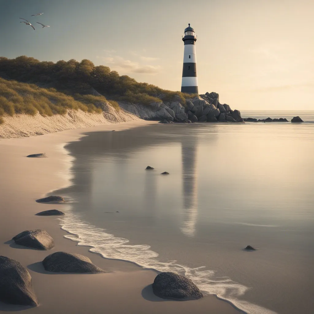 A lighthouse on a rocky coast at sunset