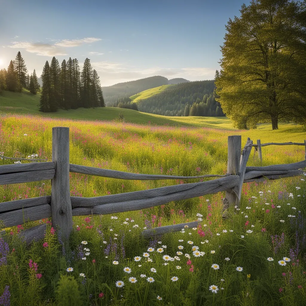 A picturesque rural landscape with a wooden fence and wildflowers