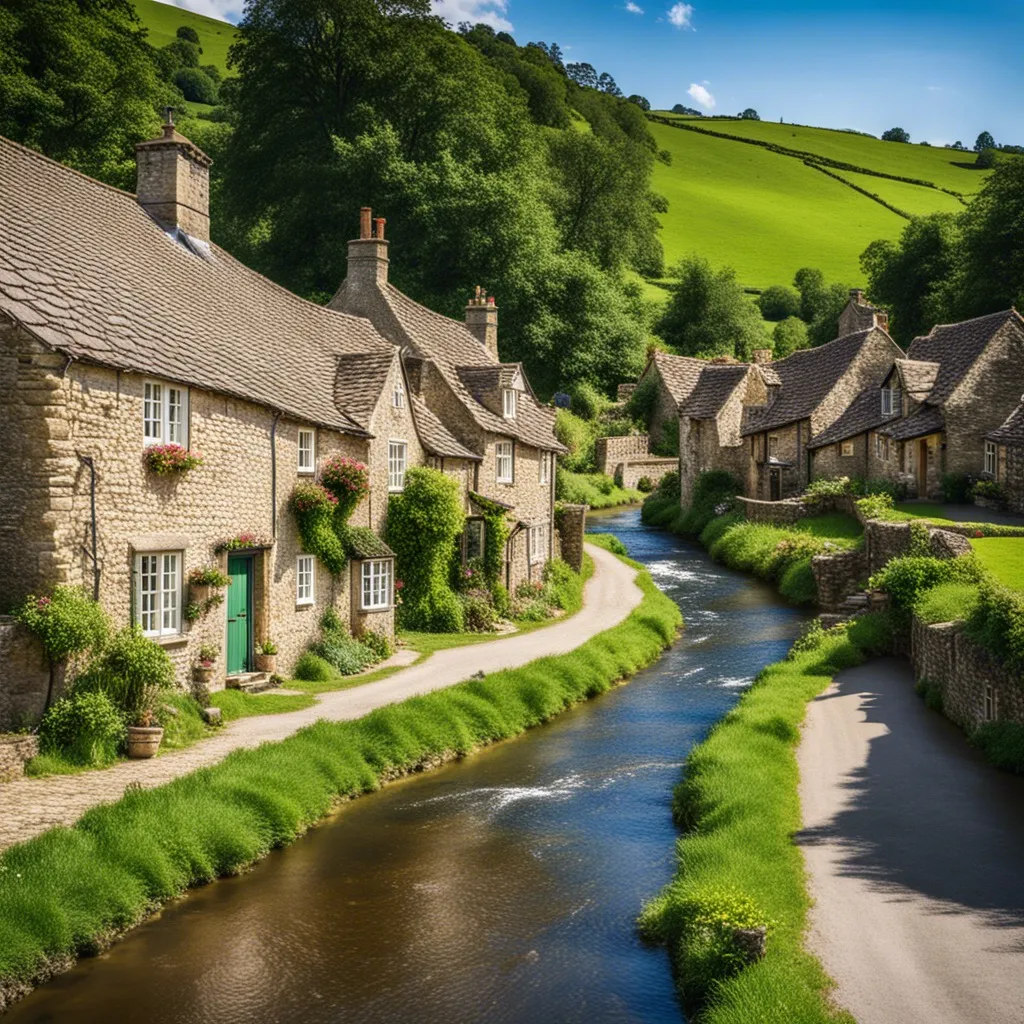 A charming Cotswold village with stone cottages and a winding river