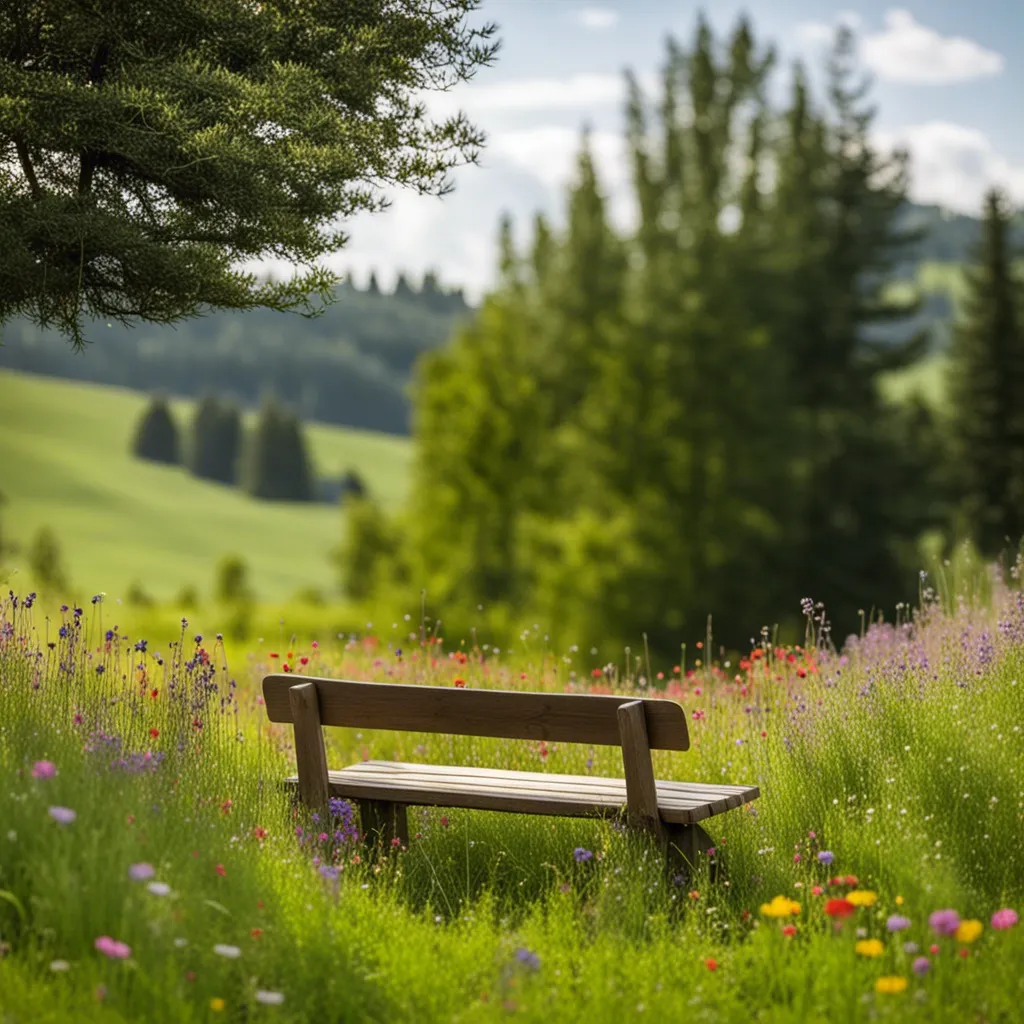 A wooden bench overlooking a scenic meadow