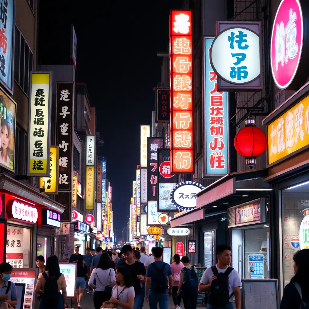 Crowded Tokyo street at night with bright, colorful neon signs.