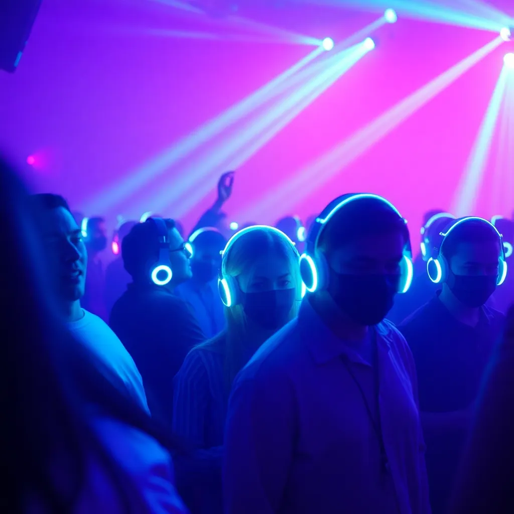 Silhouetted crowd dancing under blue and purple club lights.