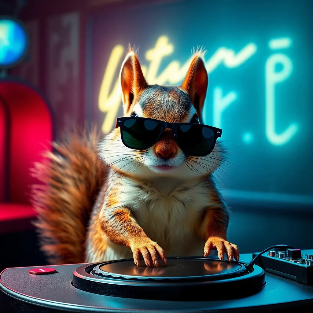 Squirrel wearing sunglasses DJing with neon lights in the background.