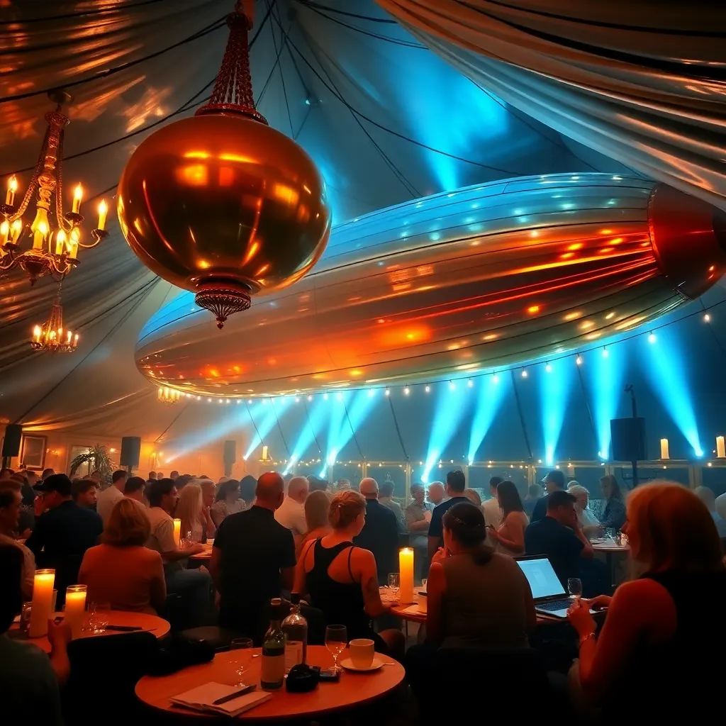 Crowded dance floor in a futuristic nightclub with glowing lights and a large disco ball.