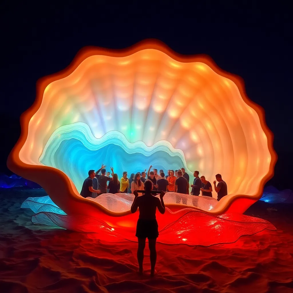 A large, illuminated shell-shaped structure with people gathered inside, against a dark background.
