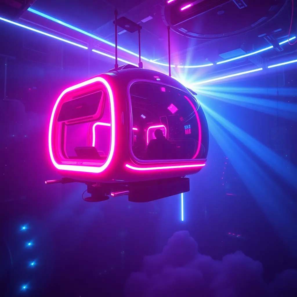 A gondola-like vehicle with neon lights, suspended in a dark, atmospheric space with glowing blue light.