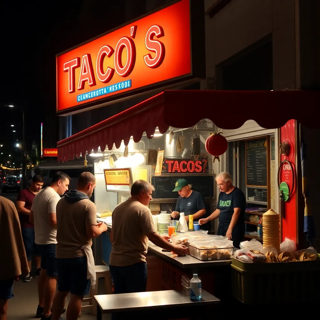 A taco stand with a glowing 
