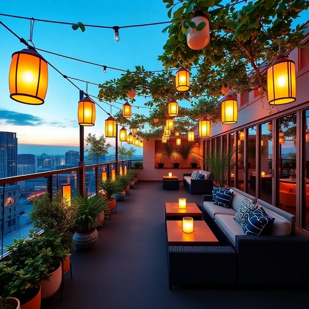 A rooftop terrace with hanging lanterns, overlooking a city skyline at dusk, with tables and seating.