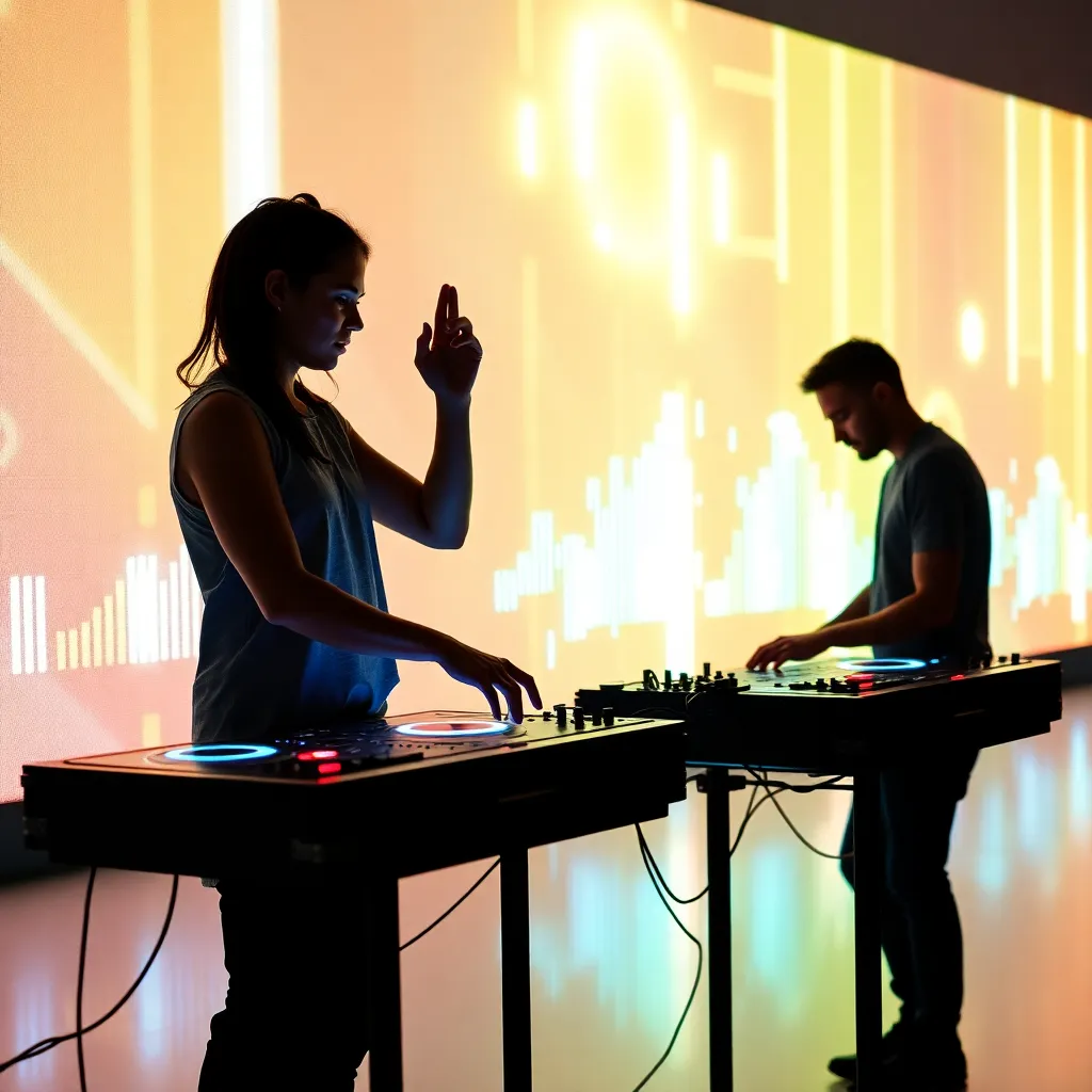 Silhouettes of two DJs performing in front of a bright, abstract light projection.