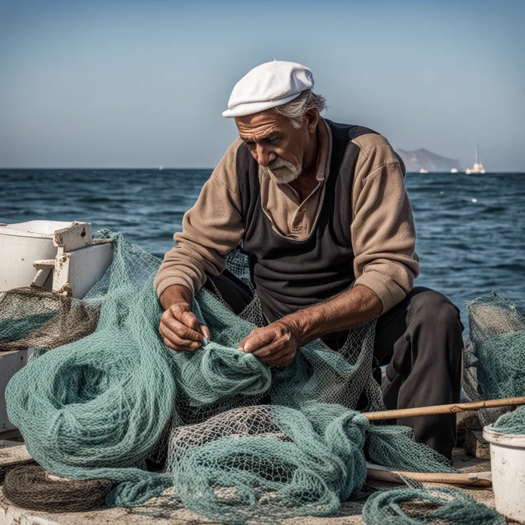 An elderly fisherman mending a fishing net by the sea.