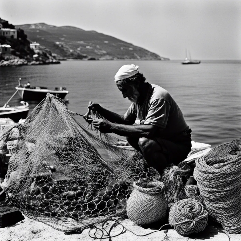 A fisherman repairing a fishing net on a beach.