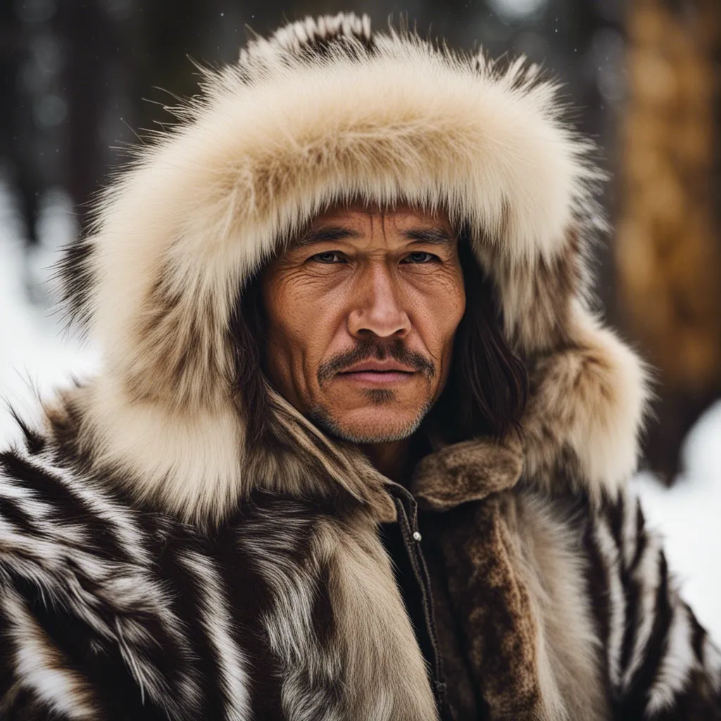 A portrait of an indigenous man wearing a fur hat and traditional clothing.