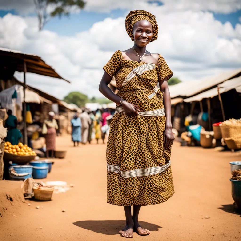 A woman standing in a market, wearing traditional African clothing.