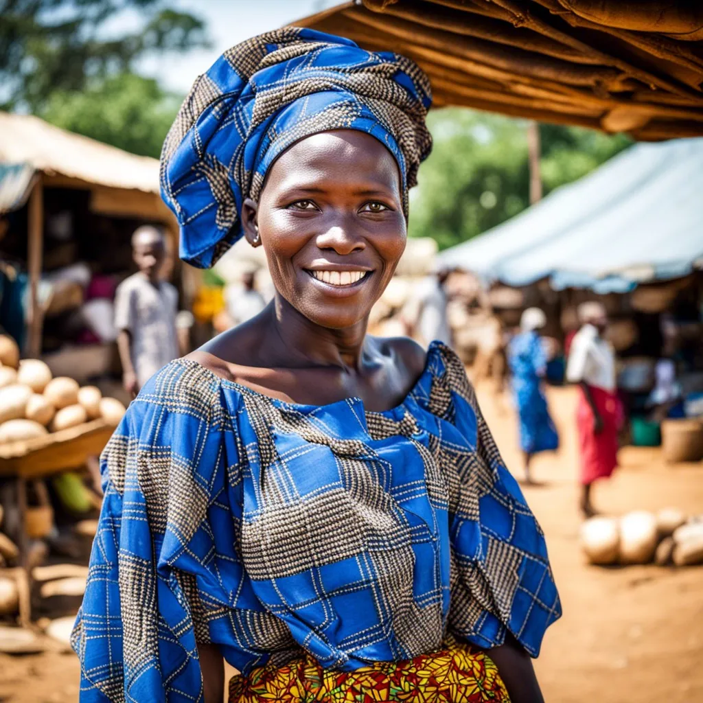 A smiling African woman wearing a colorful headscarf and dress, standing in a market.