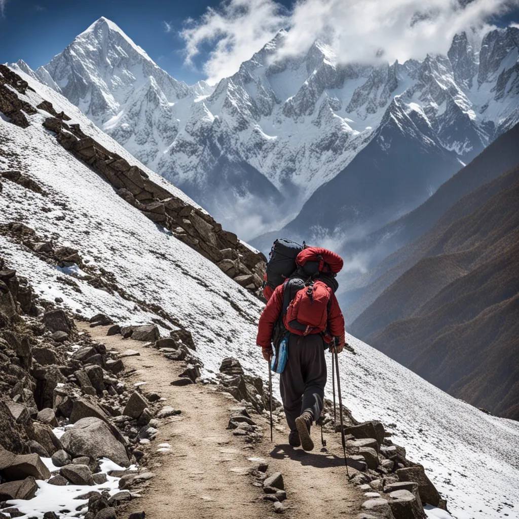 A hiker trekking up a snowy mountain path, with a majestic snow-capped peak in the background.