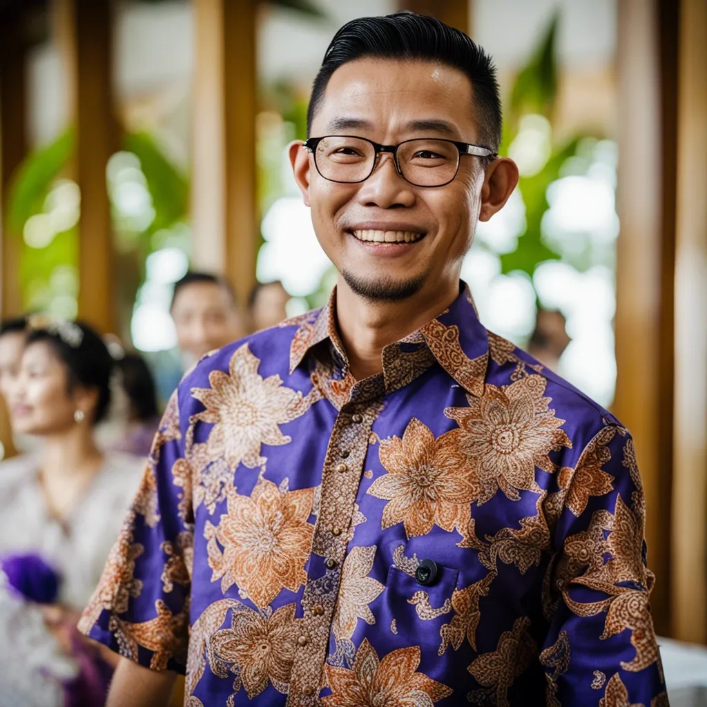 A man wearing traditional Indonesian clothing, smiling warmly.