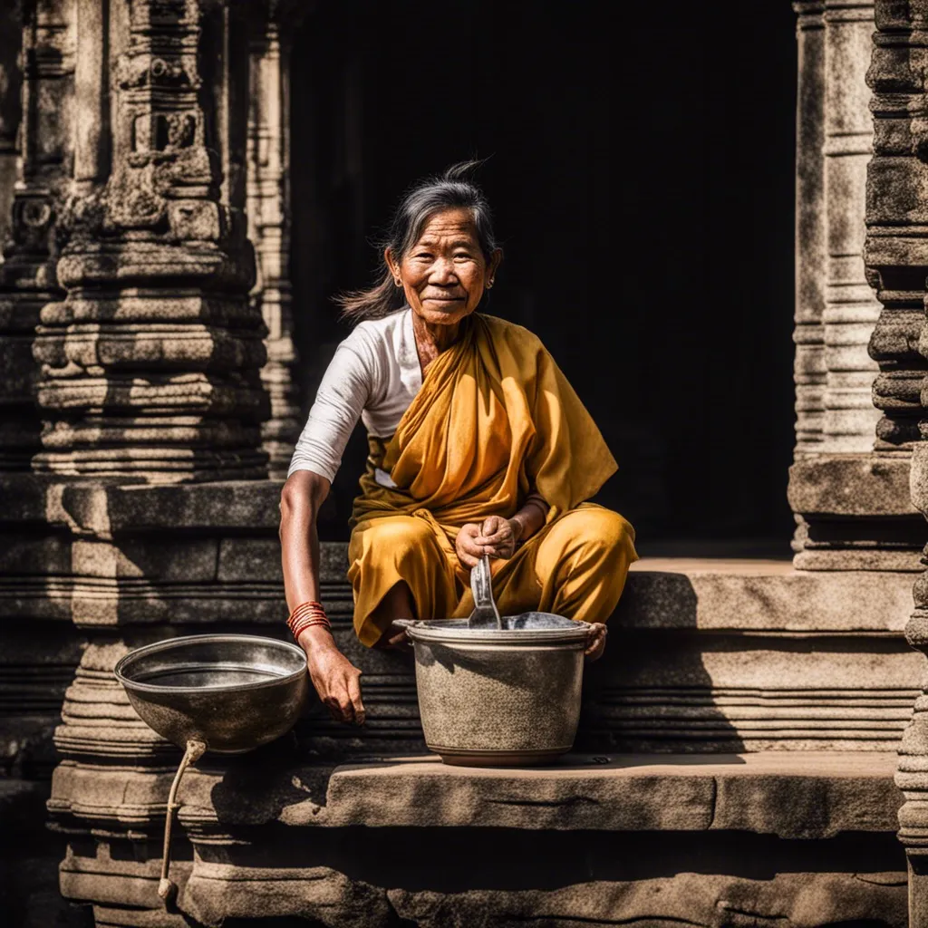 A woman sitting on the steps of an ancient temple, holding a traditional vessel.