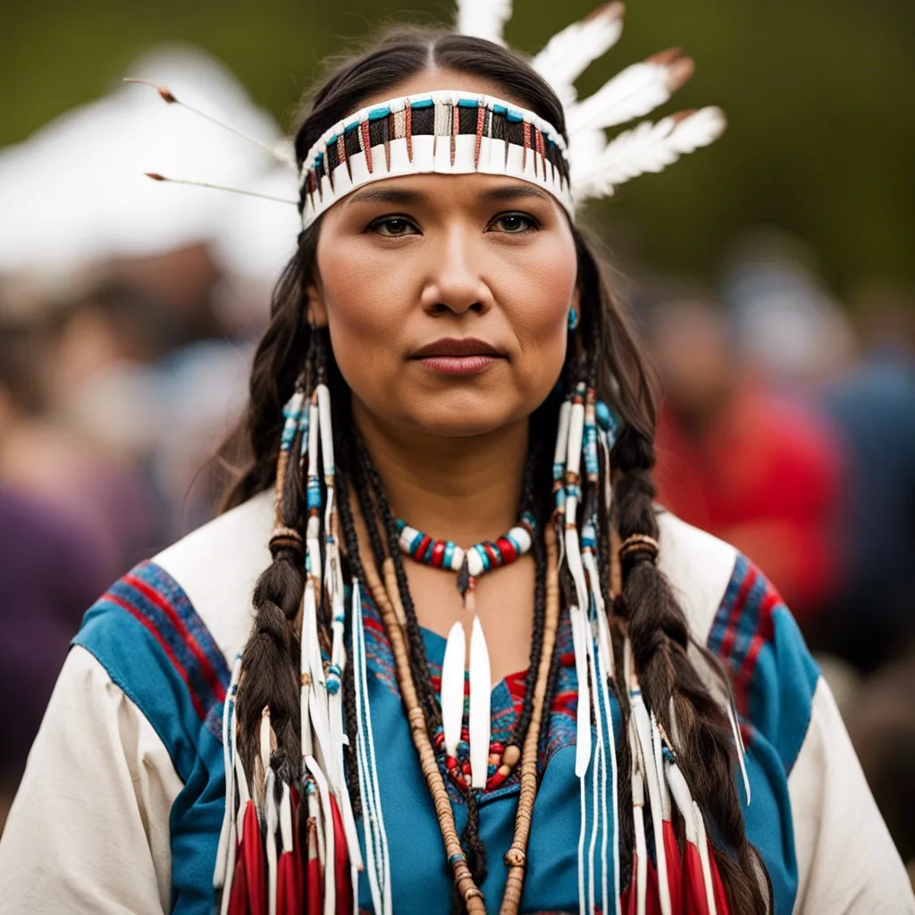 A Native American woman with traditional clothing and jewelry, looking directly at the camera.