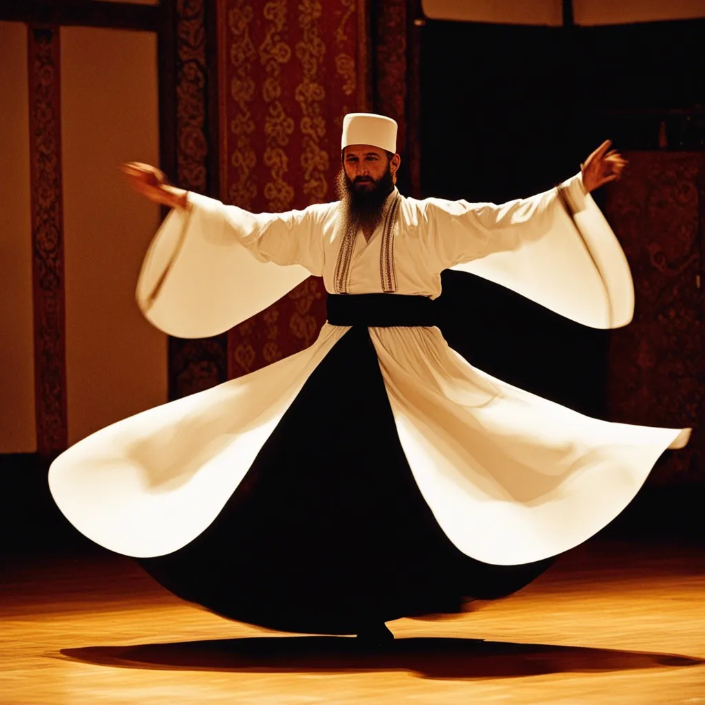 A man in a white robe twirling rapidly with his arms outstretched.