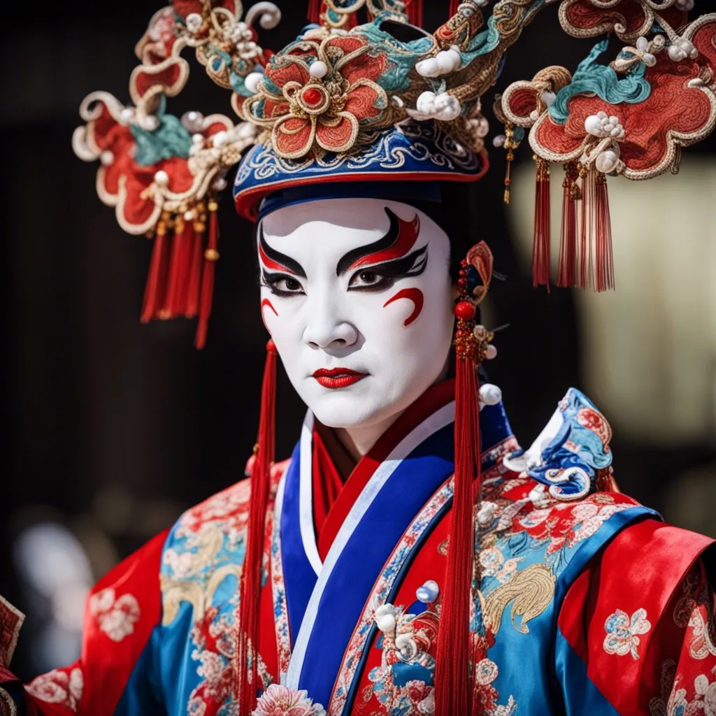 A person in traditional Peking Opera costume with elaborate makeup and headwear.