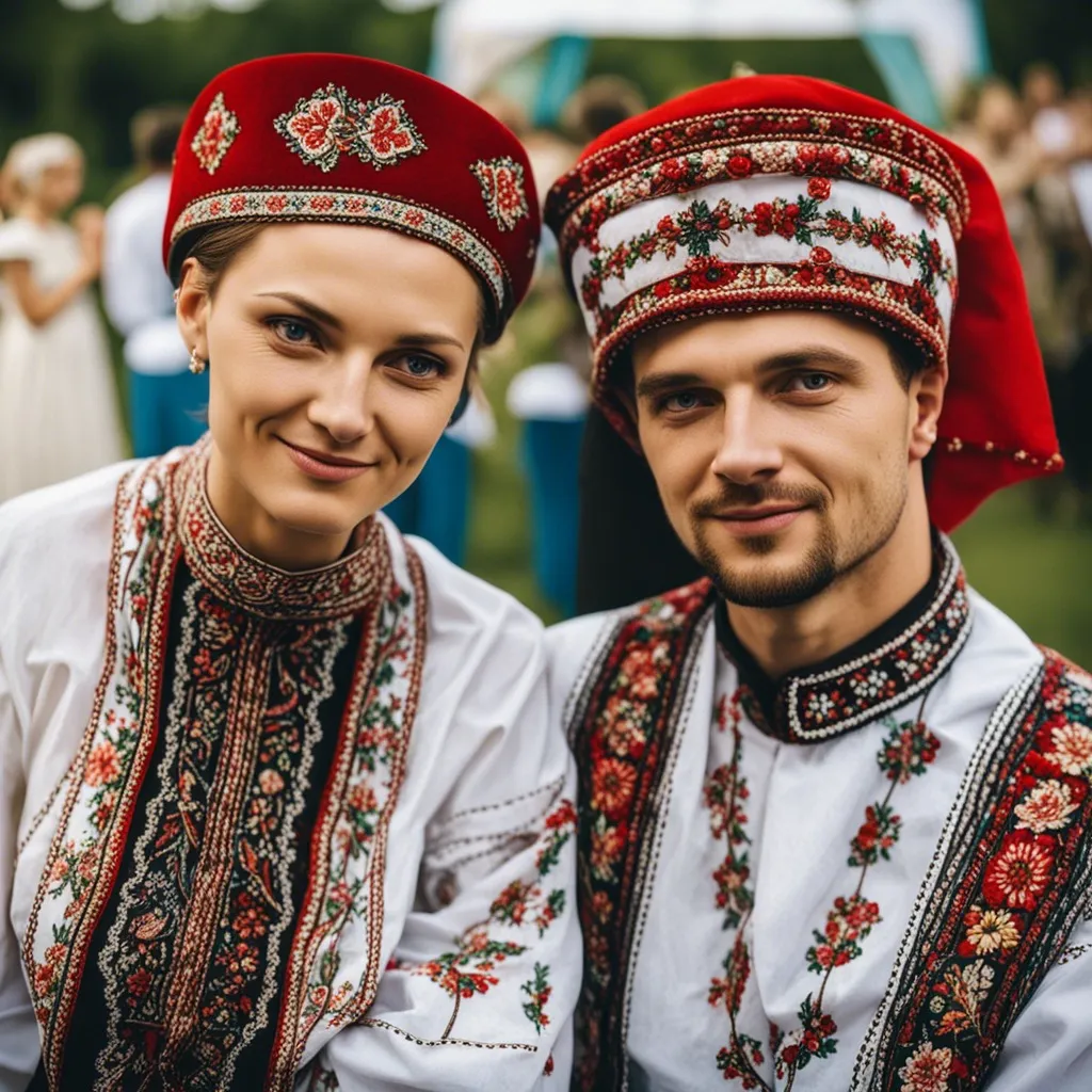 A man and woman in traditional Russian folk costumes, smiling and facing the camera.