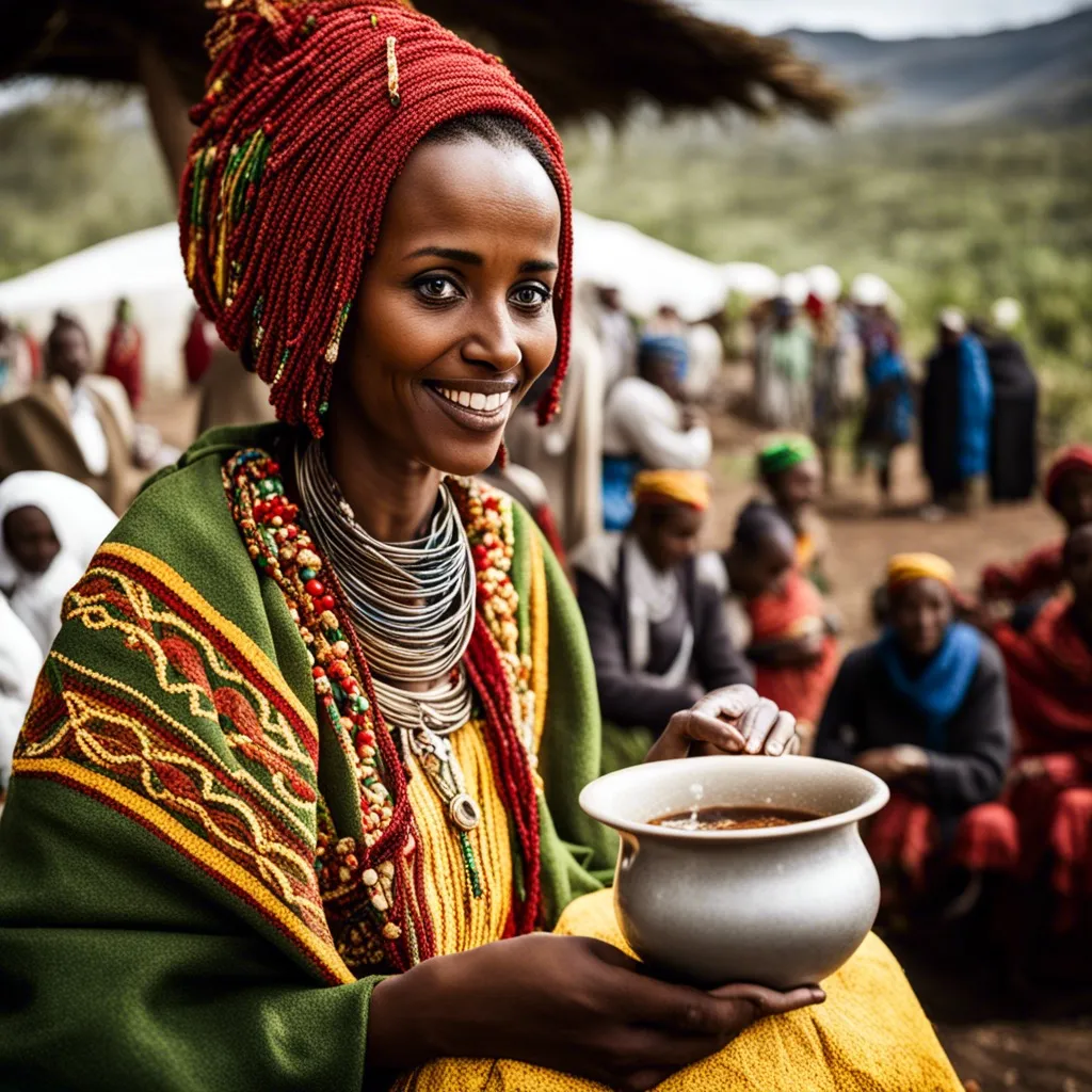 A smiling woman in traditional African clothing holding a bowl.