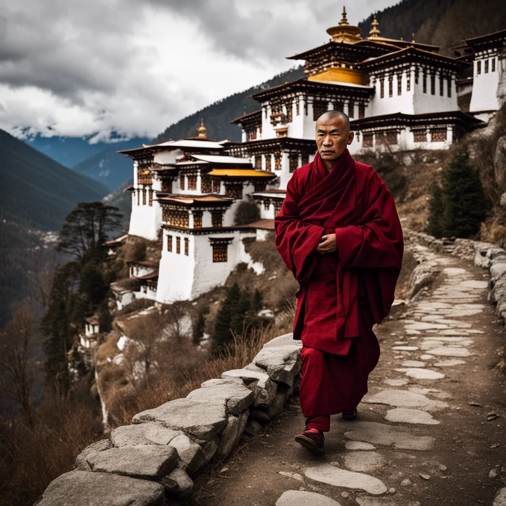 A Buddhist monk walking on a path in the Himalayas.