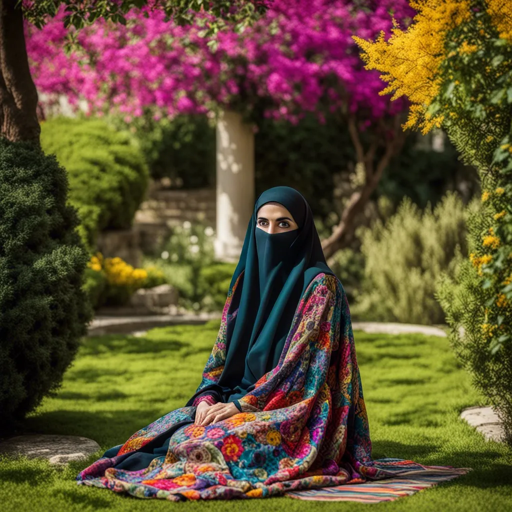 A woman in traditional clothing sitting in a garden.