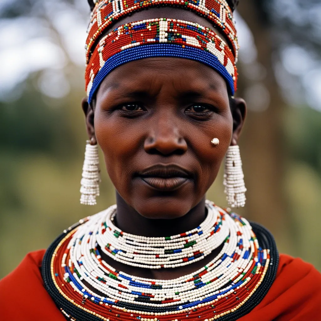 A close-up portrait of a woman with traditional African jewelry.