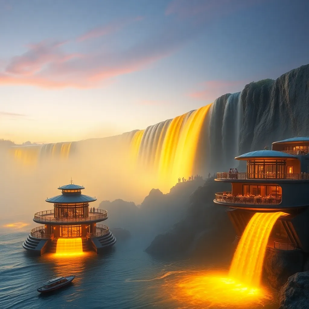 Niagara Falls illuminated at night with a small building in the foreground