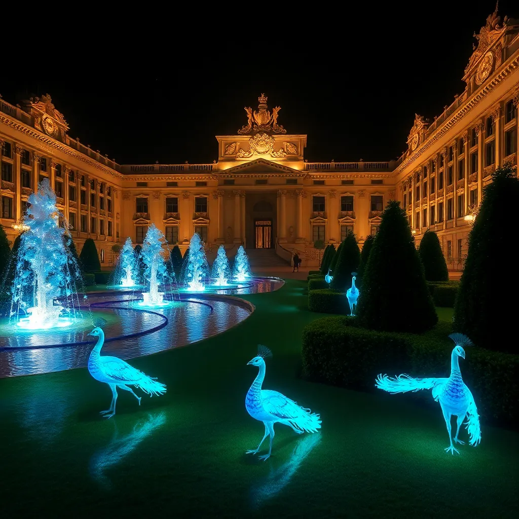 Trevi Fountain illuminated at night with glowing birds in the foreground