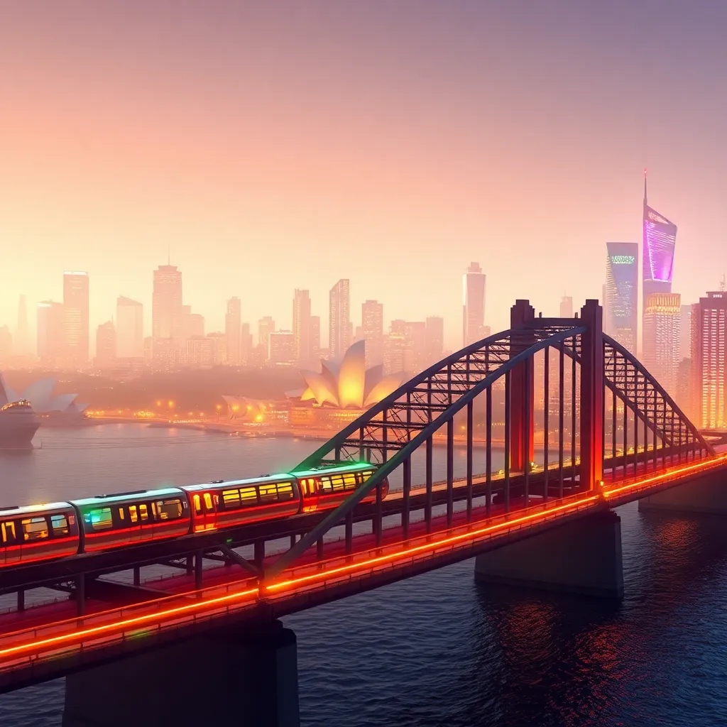 A bridge with colorful lights at sunset