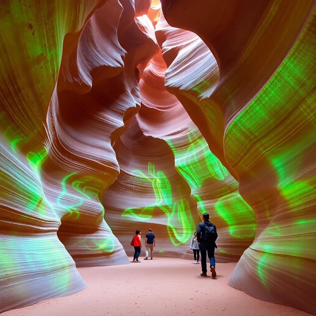 People walking through a narrow canyon with colorful walls