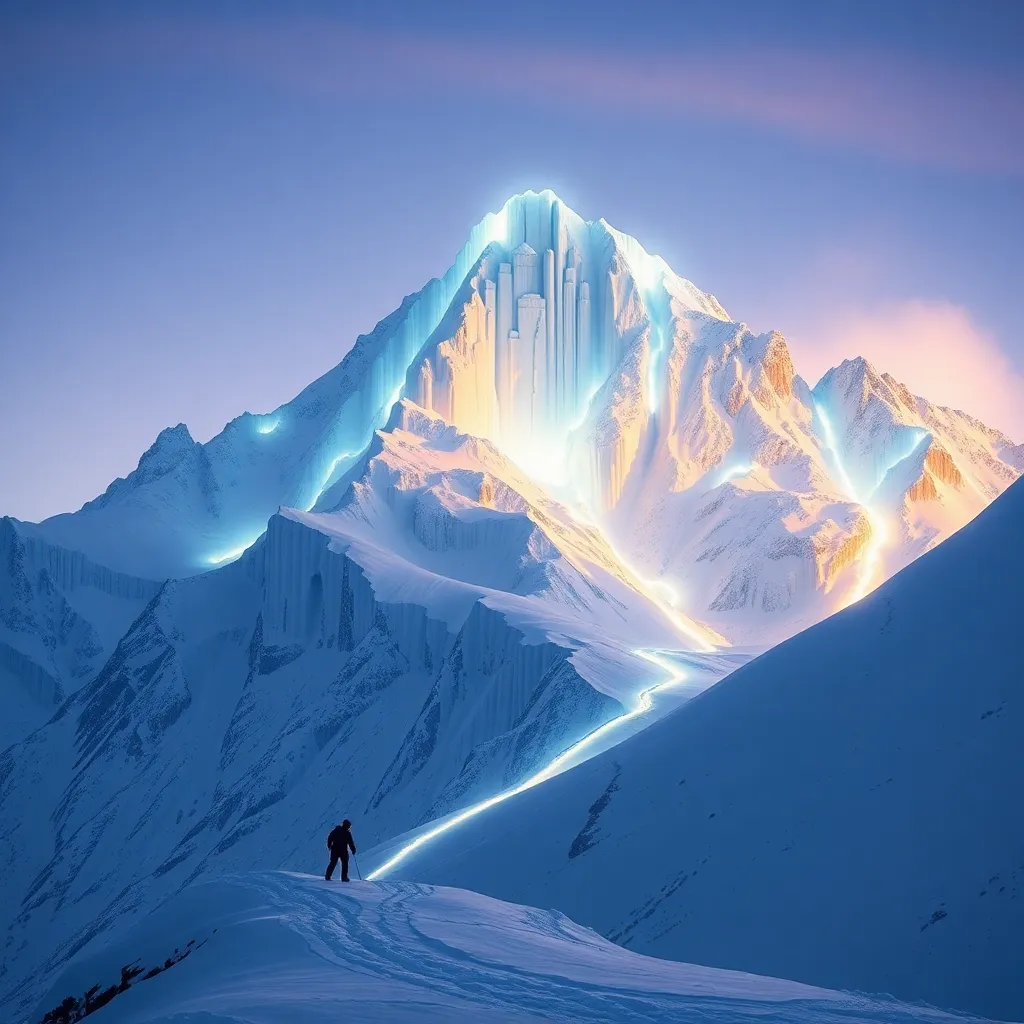 A snowy mountain peak illuminated by the Northern Lights