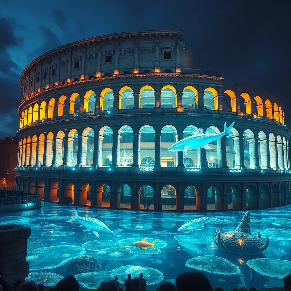 The Colosseum illuminated with colorful lights