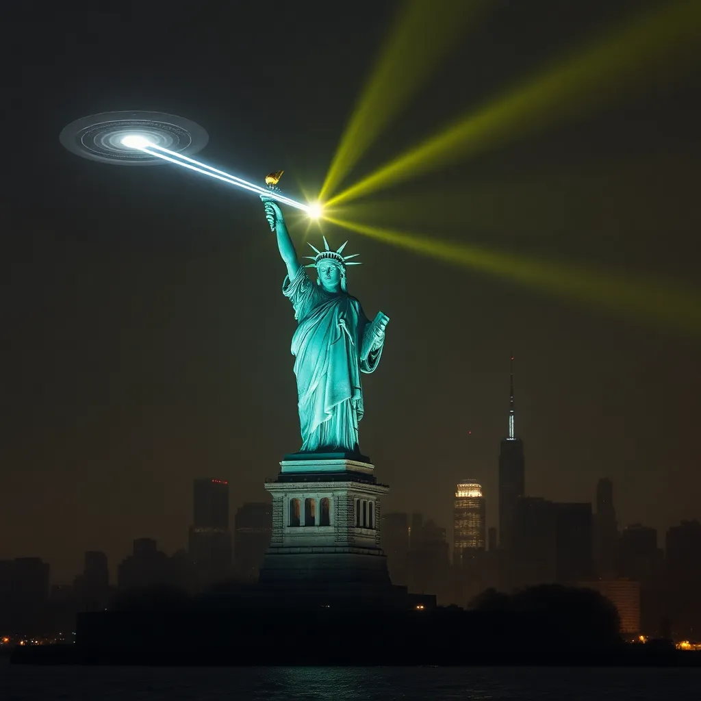 The Statue of Liberty illuminated with a bright light