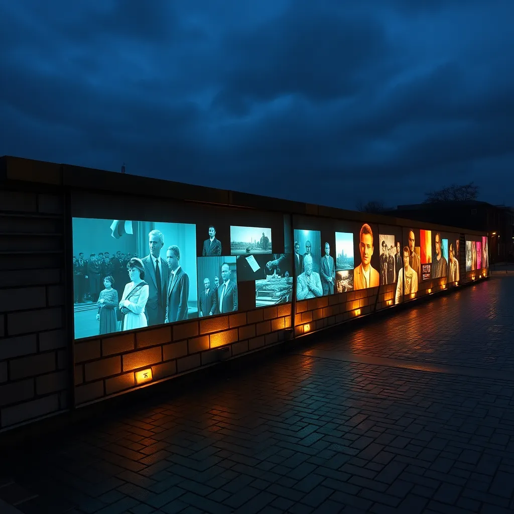 A wall with a projection of a historical event